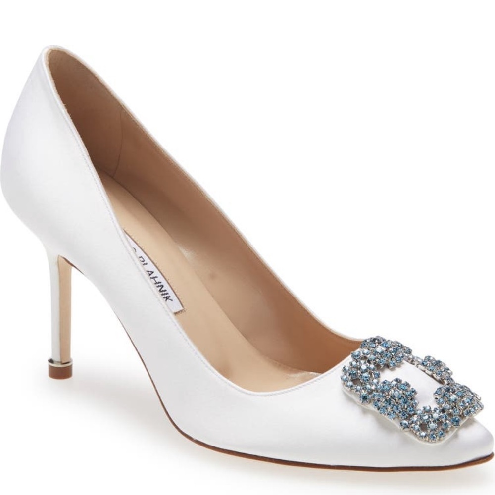 Manolo Blahnik White Heels with Blue Embellishment